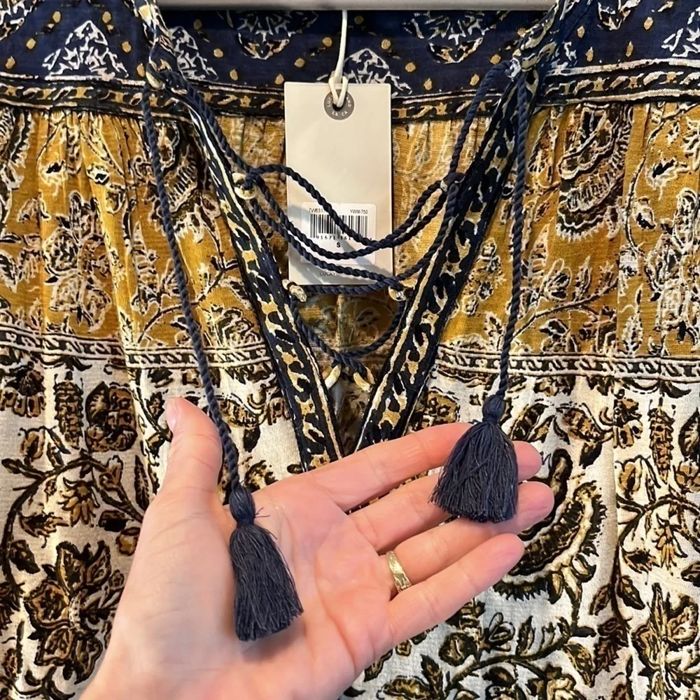 Lucky brand NWT boho hippie western lace up tassel blouse size small